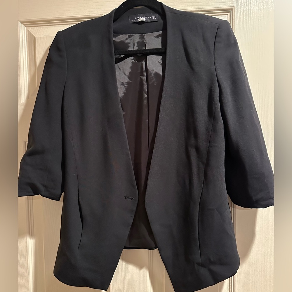 Zara angled collarless black blazer scrunched sleeves Size S